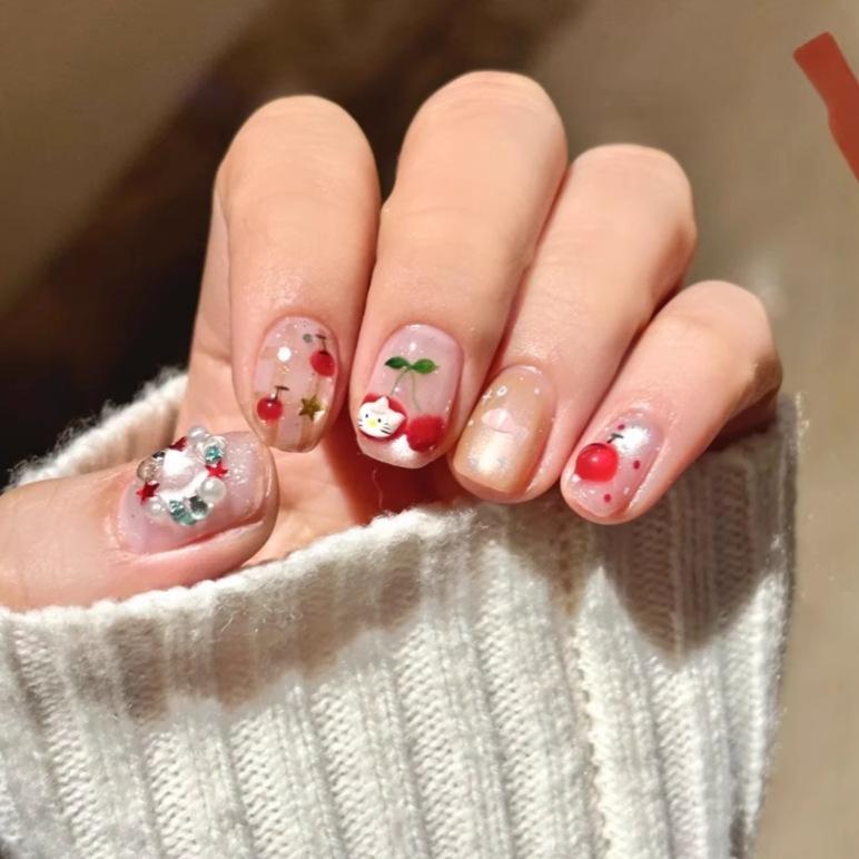 

Cherry Blossom Cat Eye 3D Nail Art with Fish Cartoon and Bling