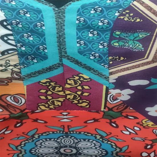 V-Neck Lantern Sleeve Pleated Maxi Dress Retro Ethnic Print Large Hem Beach Long