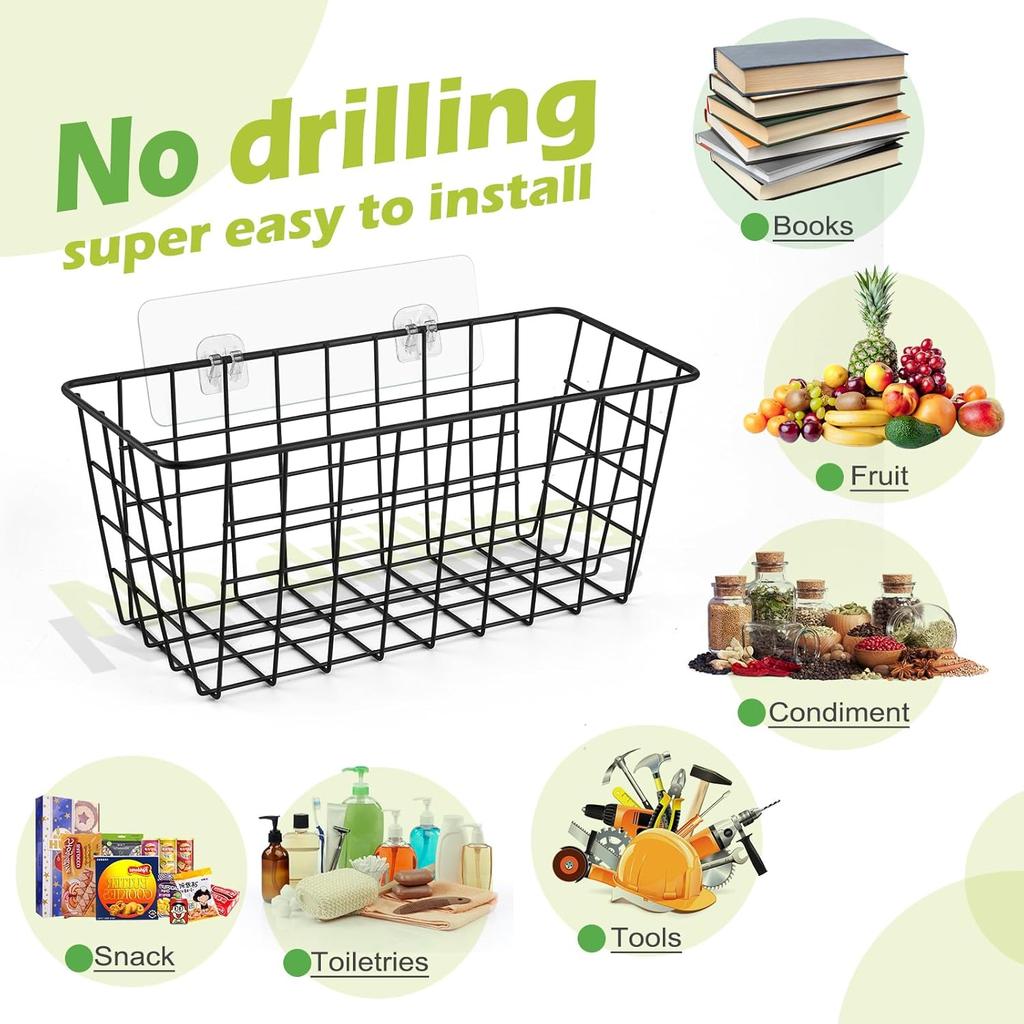2 Pack Hanging Kitchen Baskets, Adhesive Wire Wall Storage Basket, No Drilling Hanging Fruit Baskets, Cabinet Door Organizer for Kitchen Bathroom