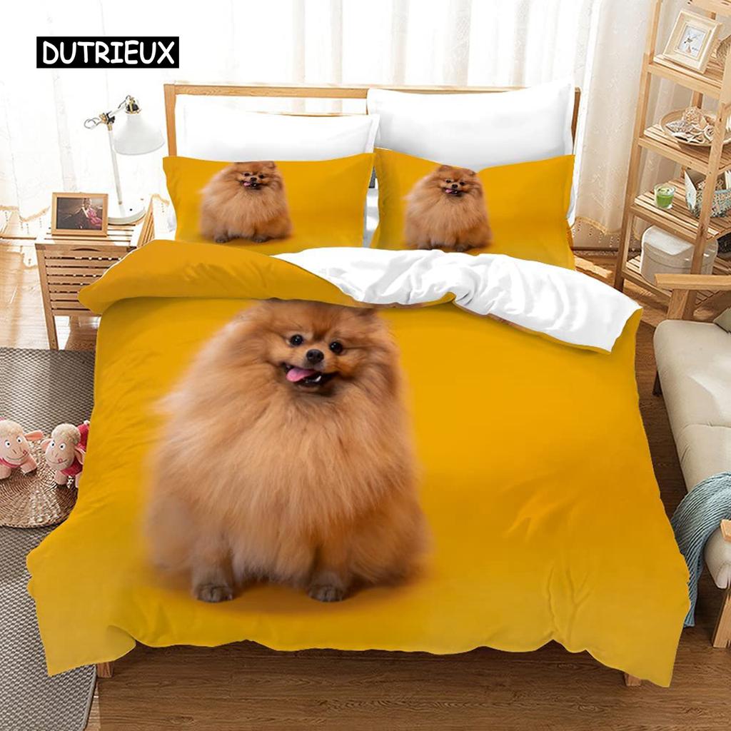 Pommersches Bettbezug-Set Tier Hunde Bettwäsche-Set 3D Niedliche Haustier-Bettwäsche für Teenager Doppel Queen King Size Polyester Steppdeckenbezug