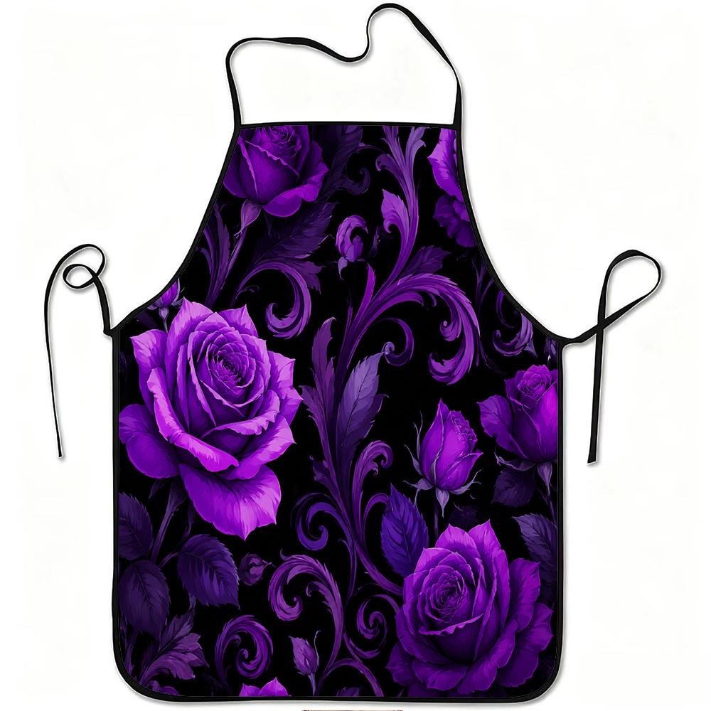 1pc Purple Rose Floral Print Apron, Durable And Easy To Clean, Adjustable Waistband, Polyester Material, for Kitchen Cooking, Gardening, Orchard Picki