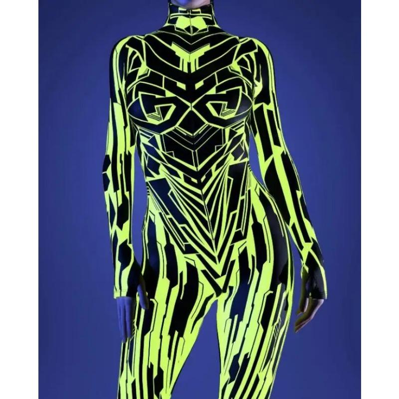 Women Art Irregular Lines Jumpsuit Cyber Punk Bodysuit Halloween Holiday Party Cosplay Costume Performance Romper Zentai Suit