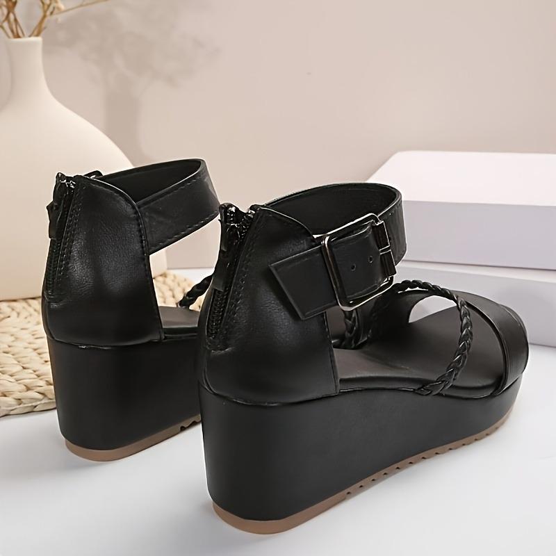 Brown PU Open-Toe Wedge Sandals for Women - Braided Ankle Strap, Adjustable Buckle Closure, Thick Rubber Sole for Summer Comfort