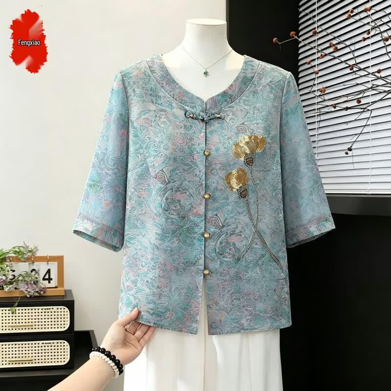 Elegant Chinese Style Floral Summer Shirt for Women 4XL