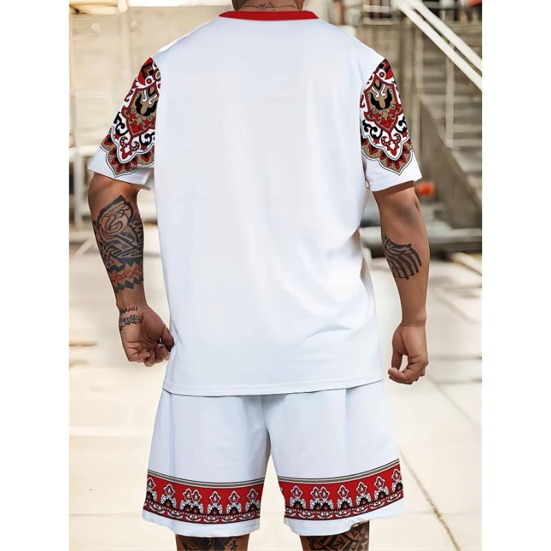 Men's Plus Size 3D Digital Print Short Sleeve Shorts Set, Ethnic Style, PLUS SIZE