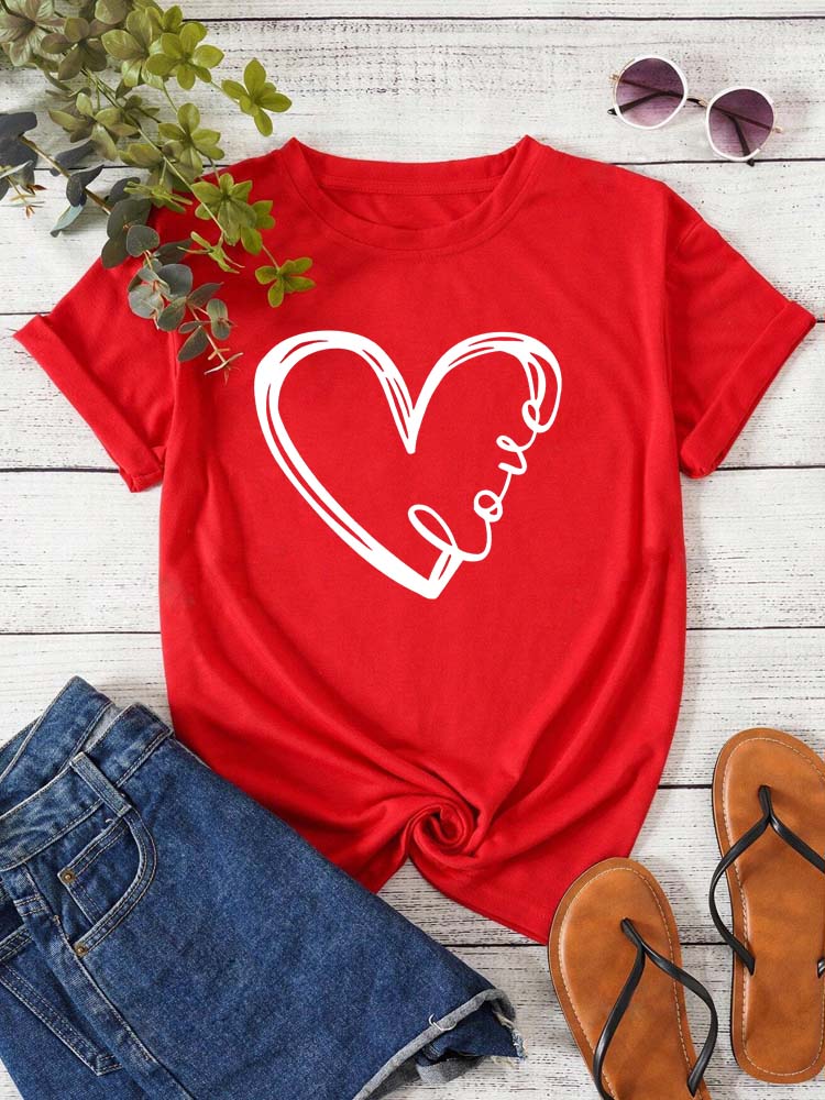 Love Heart Printed Trend Women Fashion Clothing Graphic T-shirts Clothes Print Female Shirt Short Sleeve Lady Casual Tee
