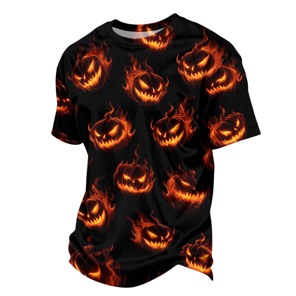 Men's Casual Corduroy Short Sleeve T-Shirt Lightweight Breathable Round Neck Halloween Pumpkin Print Top Comfortable Fit