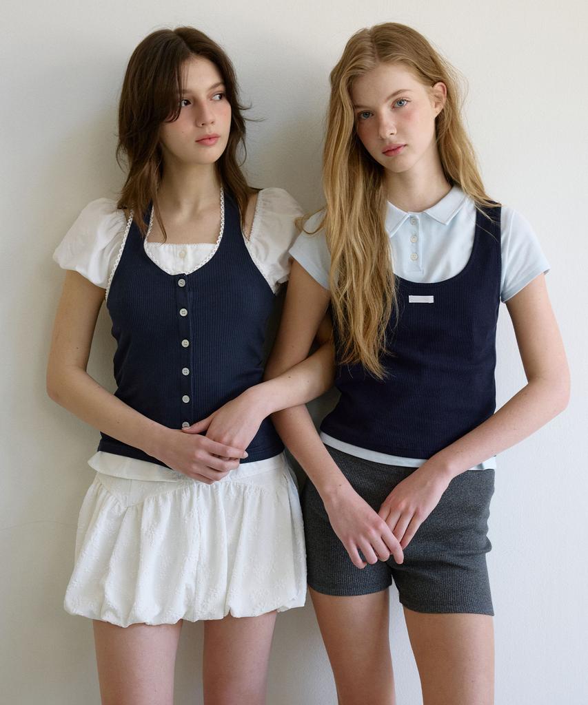 LETTER FROM MOON Lace Button Halterneck Top (Navy)