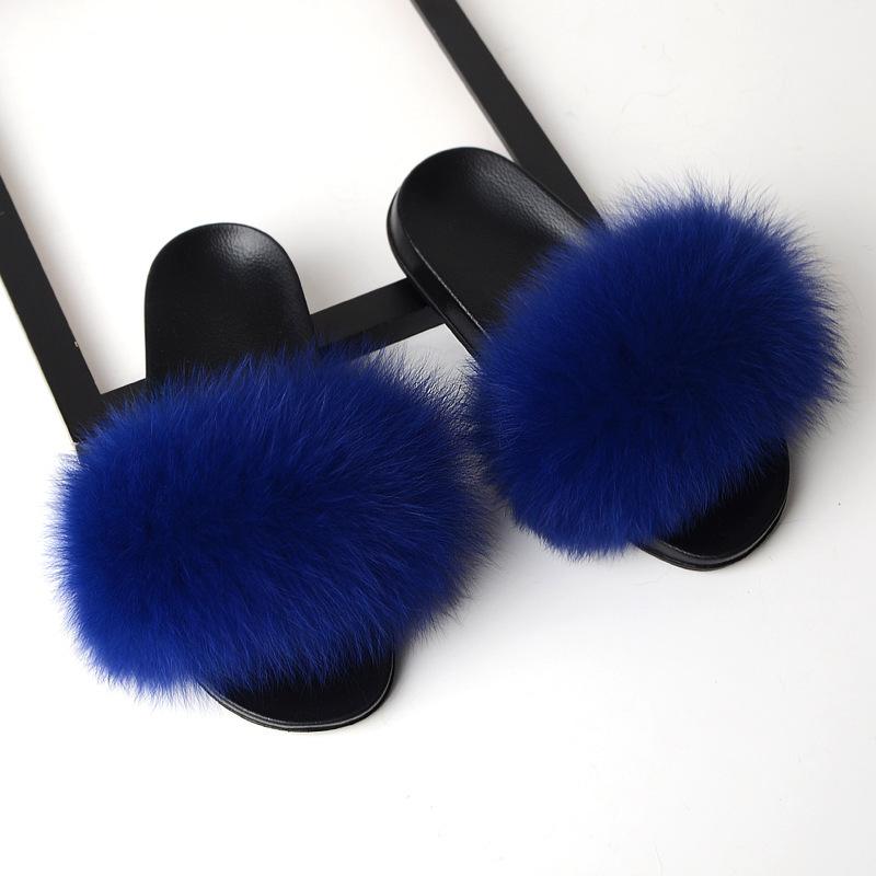 Furry Slippers for Women The Same Style In Summer Real Fox Fur Slippers Plus Size Female Sandals