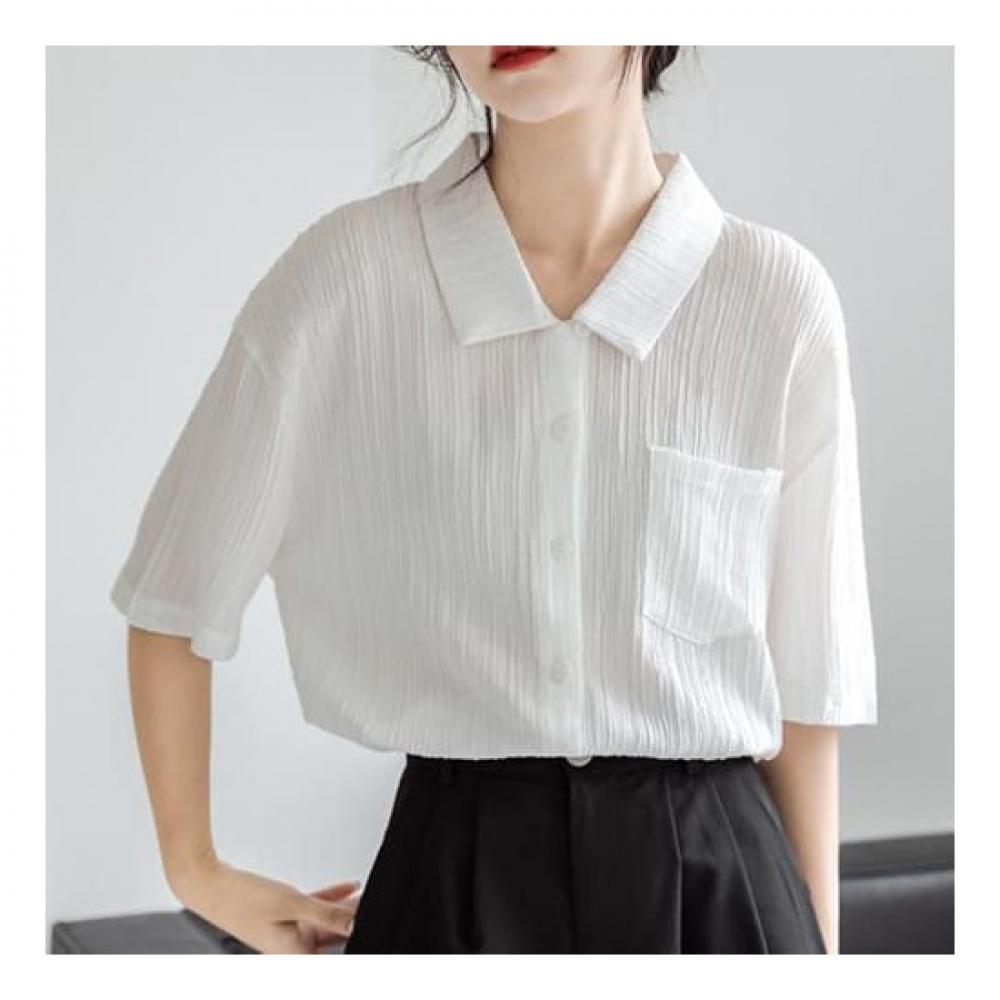 Navava Women Casual Solid Loose Fit Short Sleeve Shirt Nb2106