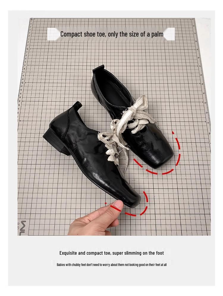 Retro Square Toe Chunky Heel Leather Ballet Shoes for Women