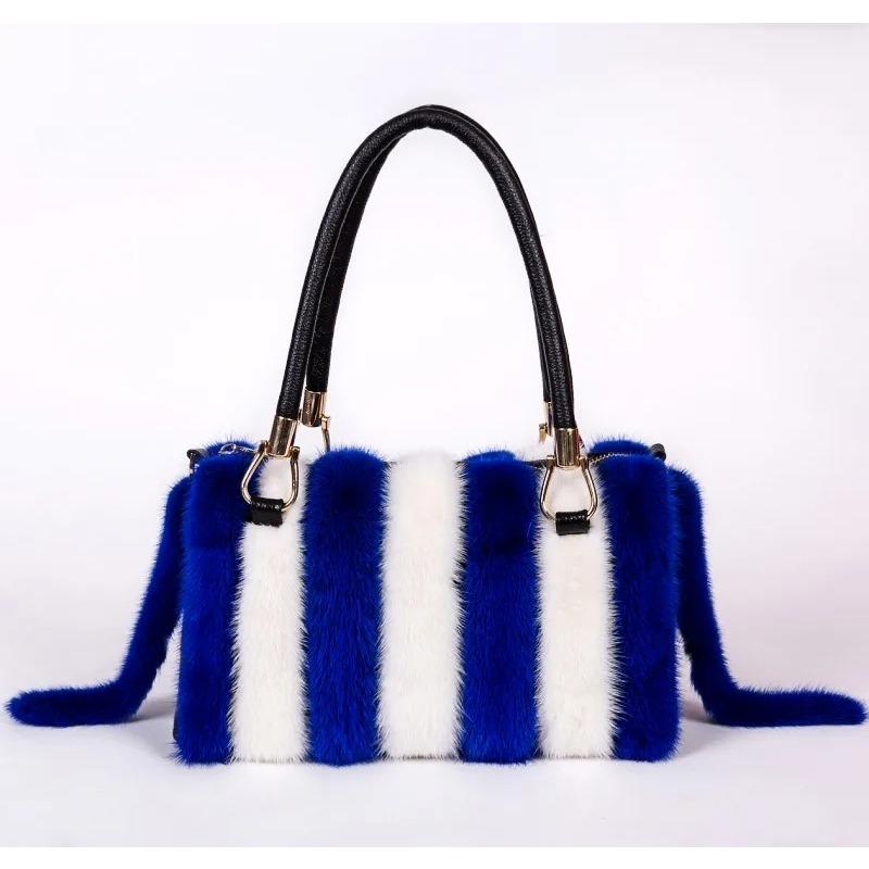 Nova bolsa feminina de luxo com pele de vison real, bolsa tiracolo feminina com pele de barbatana real