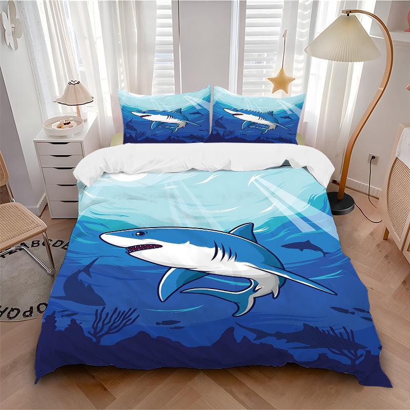 3pcs bedding set Shark Ocean Predator Includes 1 Comforter + 2 Pillowcases, Without Pillow Inserts, Soft Comfortable, Lightweight Breathable079 135x200cm