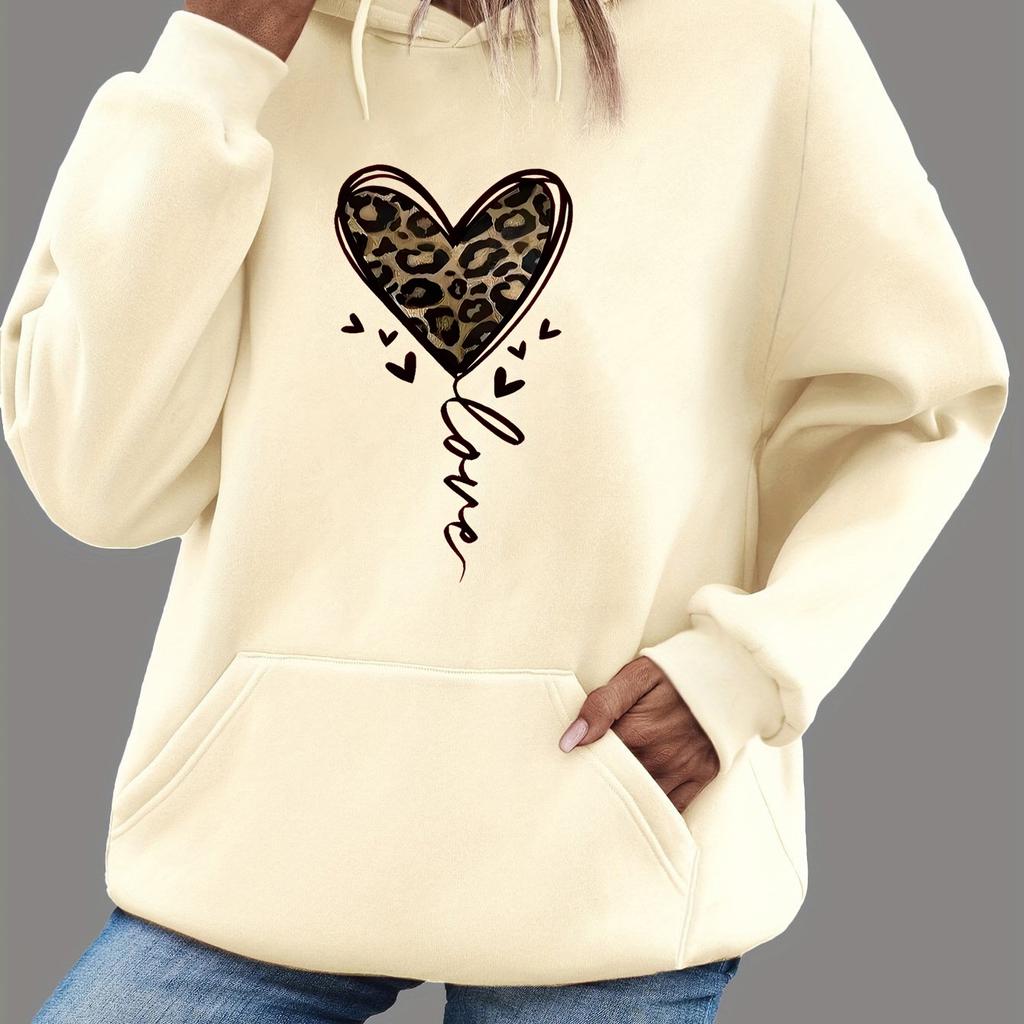 Women's Autumn and Winter Warm and Loose Casual Leopard Print Heart-shaped Pattern Printed Velvet Long Sleeved Hooded Sweatshirt