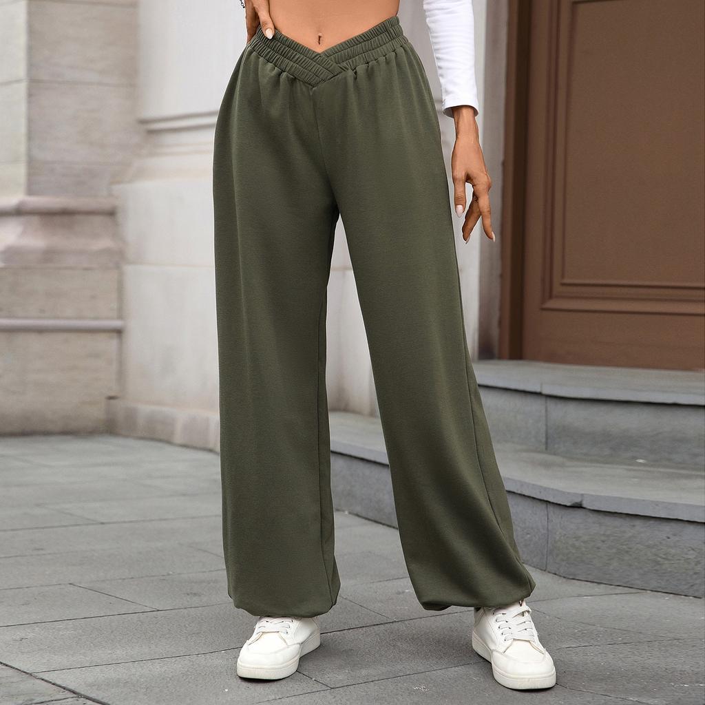 Women's Casual Fashion Elastic Waist Pocket Cuff Loose Solid Color Trousers