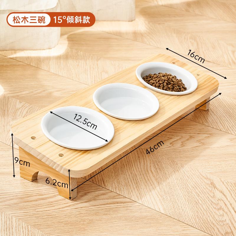 

Ceramic Triple Pet Bowl Solid Wood Stand Multi Cat Anti Spill Neck Protection Food Water Dish Feeding Set for Dogs Cats Log cat bowl