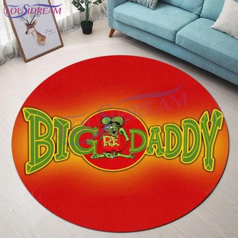 Tappeto Rotondo Garage Hot Rod Rat Fink Retrò, Tappetino Decorativo Artistico Personalizzato, Tappeto da Area Lavabile Antiscivolo per Camera da Letto e Ufficio