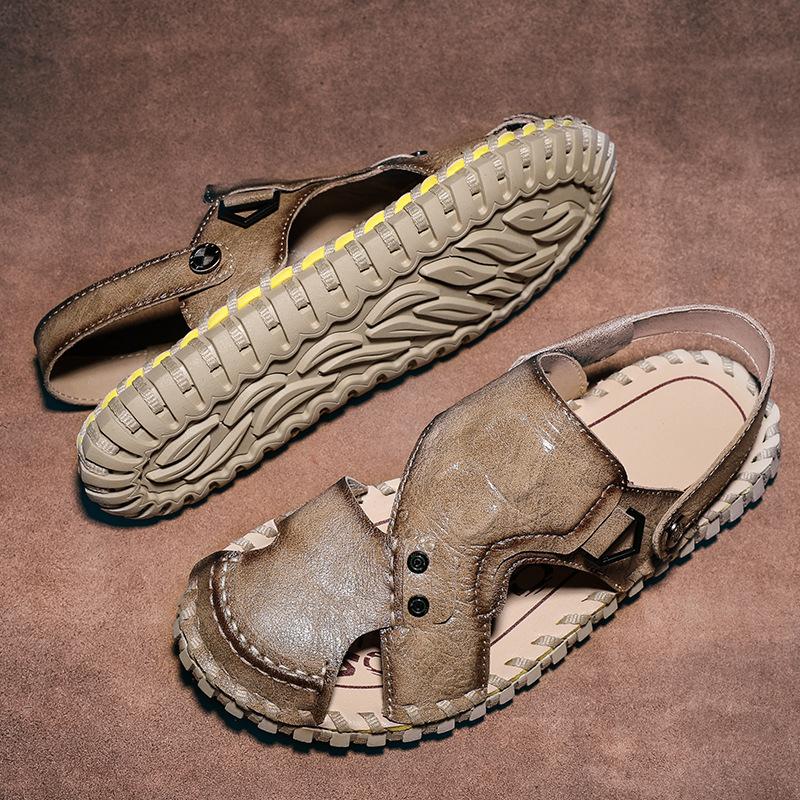 Large size sandals men's hand-sewn breathable casual beach shoes men's soft-soled crocodile pattern Roman sandals