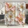 1pc Luxury Blooms Bath Curtain - Elegant Digital Art of Stylized Pink & White Flowers with Golden Accents, Marble Background, Or
