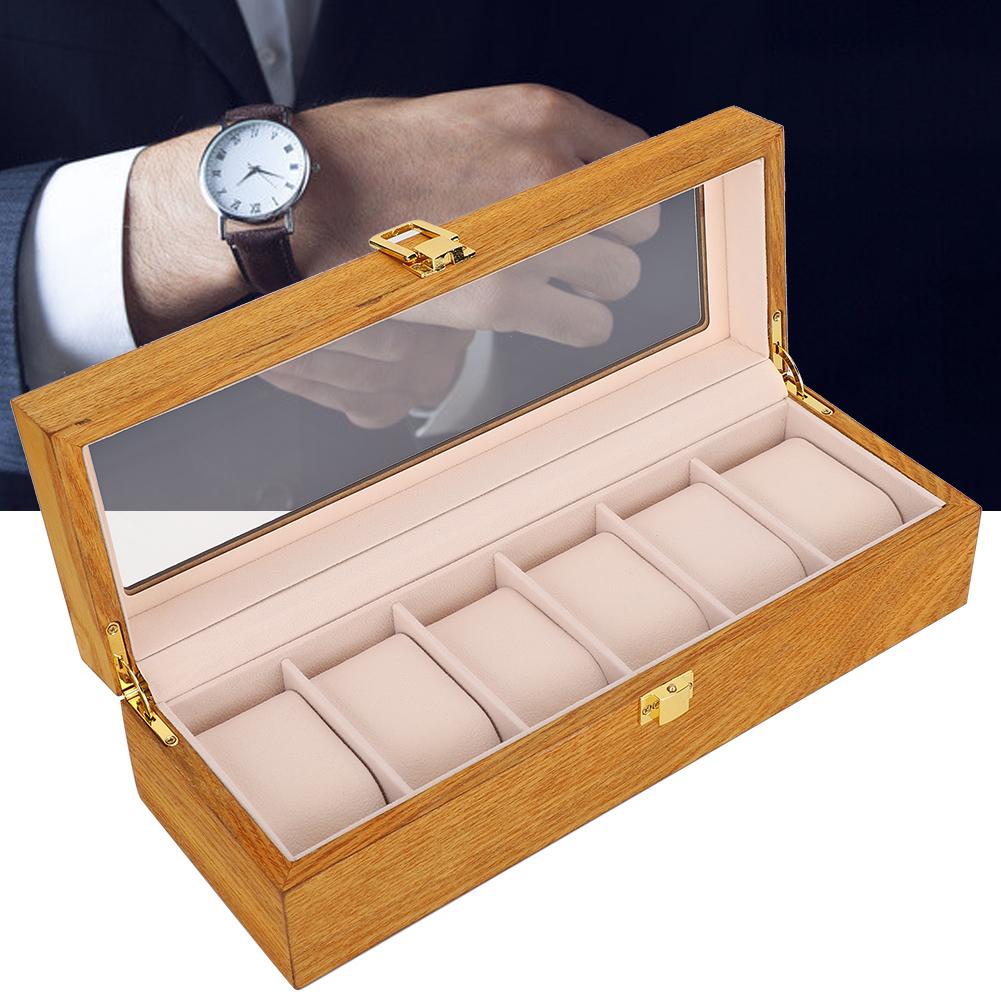 Wooden 6 Grid Watch Display Box Transparent Window Watch Storage Box Case
