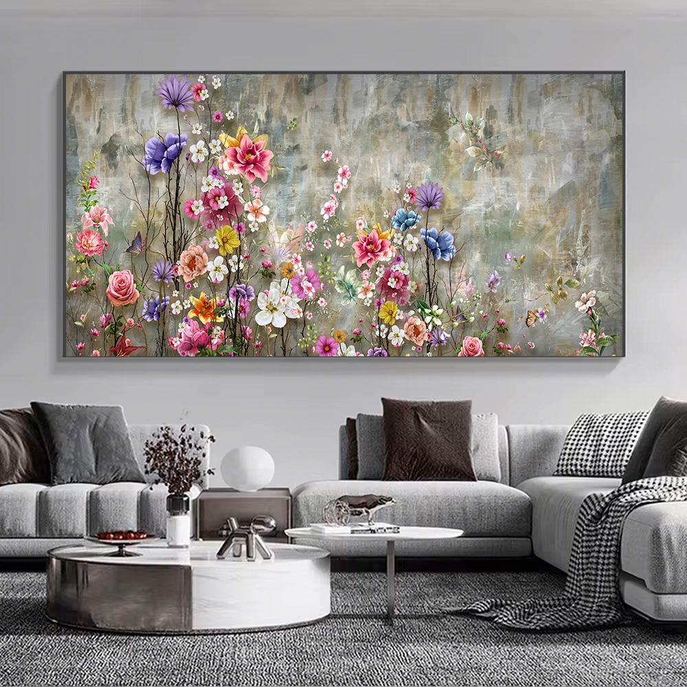 Abstrakte Orange Lila Blumen Leinwandmalerei Poster und Drucke Grüne Blätter Wandkunst Bilder für Modernes Wohnzimmer Cuadros Decor