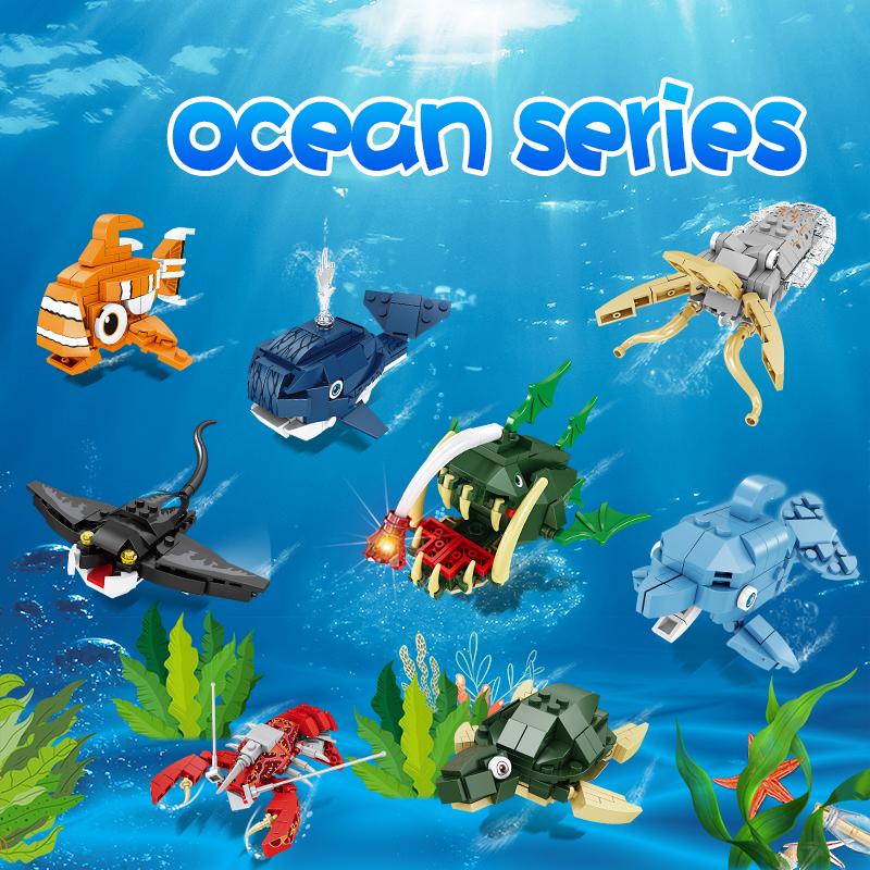 Sea World Series Building Blocks Set Whale Lobster Clownfish Mini Marine Life Model Bricks Kids DIY Toy Creative Birthday Gifts