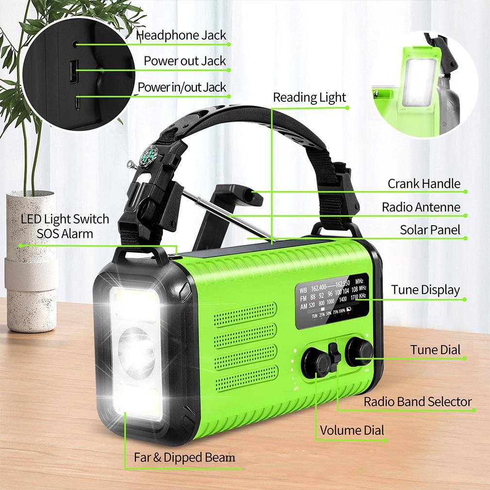 USB Rechargeable Emergency Radio 20000mAh Solar Hand Crank Generator Radio Weather AM/FM Radio SOS Alarm Power Bank Flashlight
