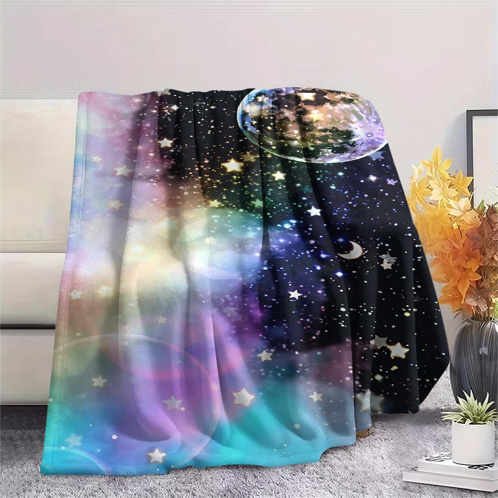 1Pc Galaxy Moon Print Flannel Blanket, High quality Comfortable for All Seasons, Home Decor, Warmth and Comfort, Perfect for Gifts