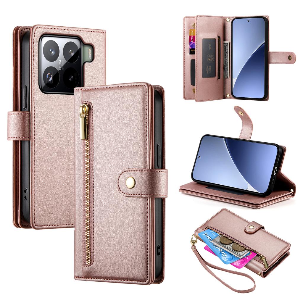 DF-011 For Xiaomi 15 Pro Case Zipper Pocket Wallet Leather Phone Cover with Straps