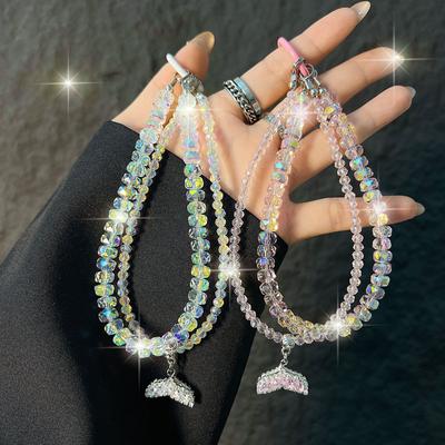 Exquisite Mermaid Double-Layer Phone Chain Colorful Wheel Crystal Phone Strap Wrist Short Bag Pendant Wholesale Anti-Drop