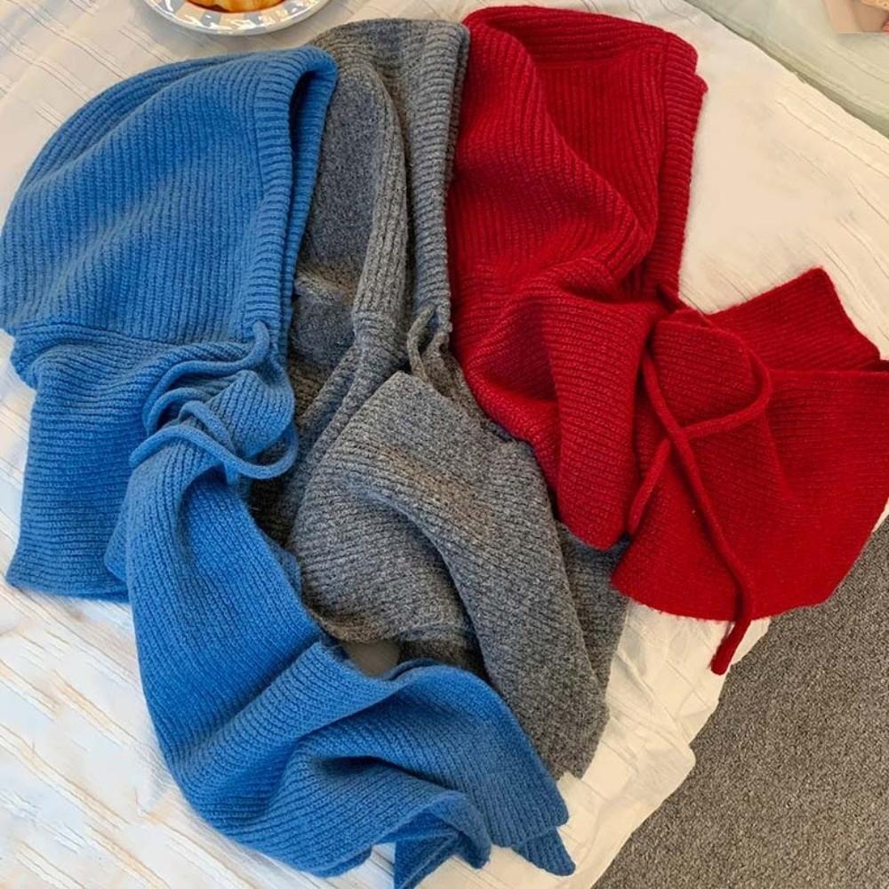Korean Style Winter Balaclava Hat Solid Color Knitted Hooded Beanie Hood Scarf Combo Trendy Girls