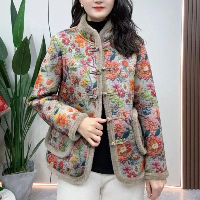 New Chinese Style Middle-Aged and Elderly Women's Long-Sleeved Short Thickened Coat Fashionable Temperament Mother's Winter Warm Floral Cotton Coat