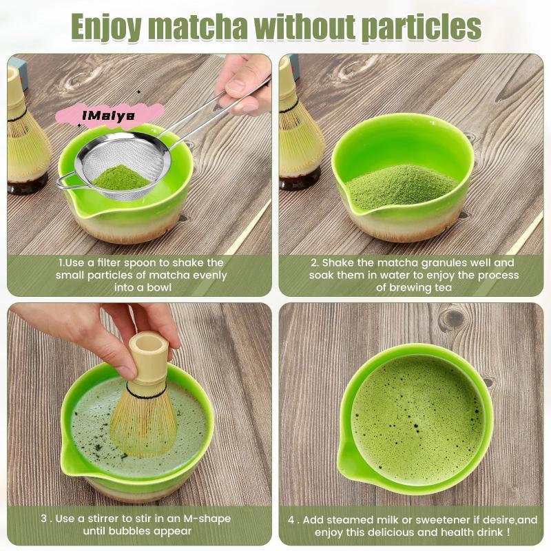 4Pcs Handmade Bamboo Matcha Whisk Set with Traditional Deep Scoop Tea Strainer Clear Storage Holder for Matcha Preparation
