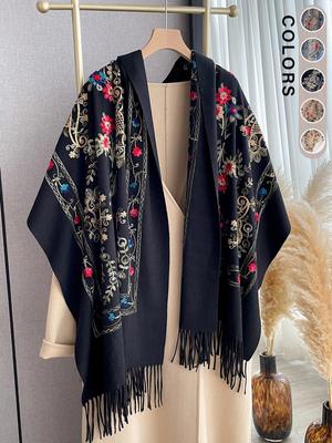 Écharpe de Mode Hiver Épaisse Châle de Voyage Enveloppant Écharpe de Tête Femmes Luxe Brodé Fleur Chaud Cache-Cou Poncho Pashmina Bufanda