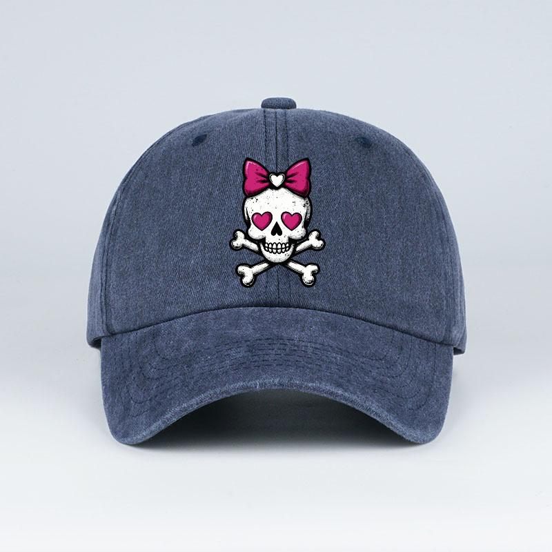 BowTie HeartEyed Skull Crossbones Print Washed Baseball Cap Soft Comfortable Adjustable Lightweight Breathable SweetEdgy