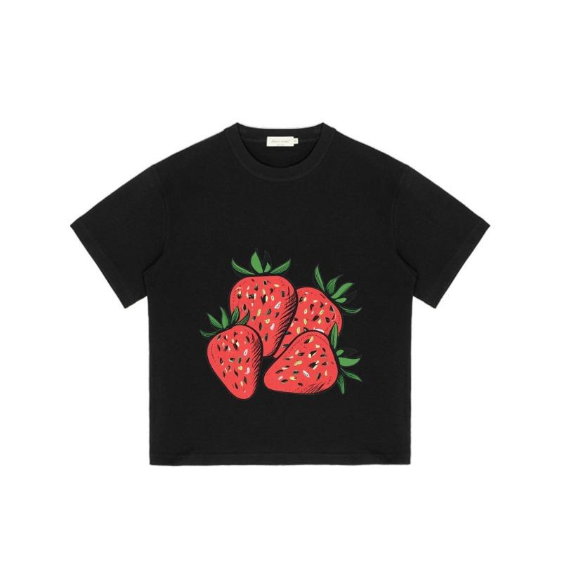 Übergroßes T-Shirt Schwarz Erdbeer-Print Freizeitkleidung für Männer und Frauen Sommer-Outfit Streetwear-Mode Trendiges Oberteil