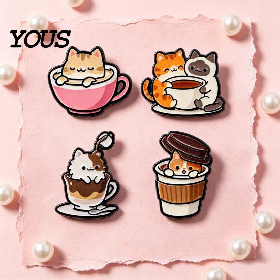 Backpack Decoration Pin Cartoon Coffee Cup Cat Brooch, Kitten Enamle Lapel Pin, Animal Theme Alloy Badge, Clothing Accessories for Lovers Jackets