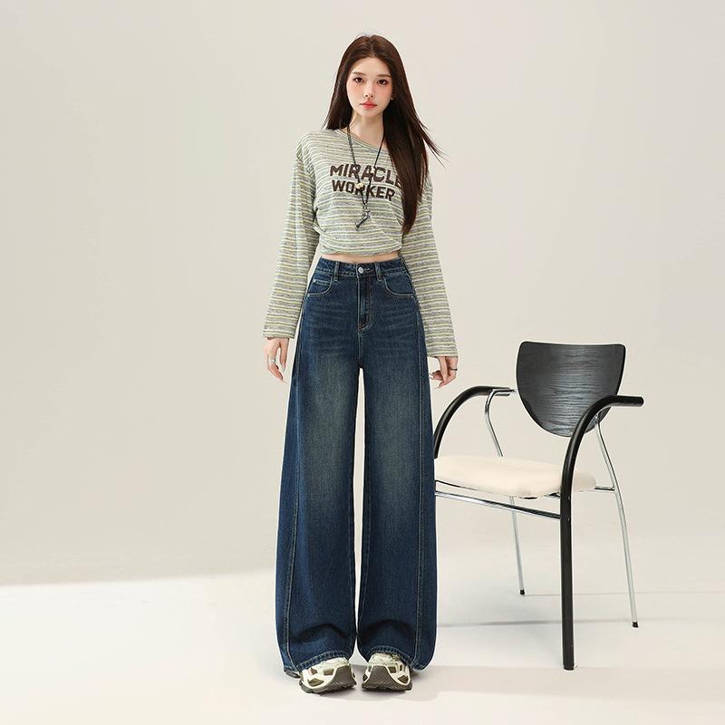 Retro blue wide-leg jeans women's autumn new straight loose high-waisted elastic and thin floor-mopping pants
