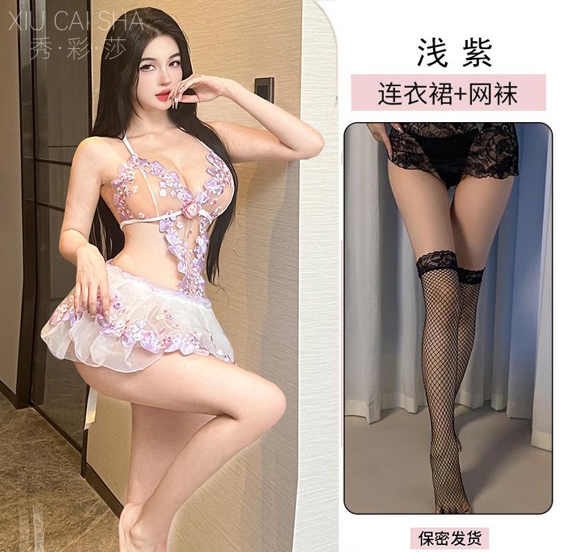 Xiucaisha pure lace floral embroidery suspender tutu skirt waist thin perspective sex underwear empty pajamas