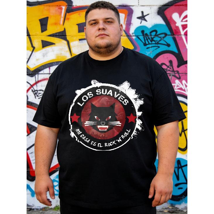 Black T Shirt with Los Suaves Black Cat And Rock N Roll Text Print for Casual Wear, Plus Size