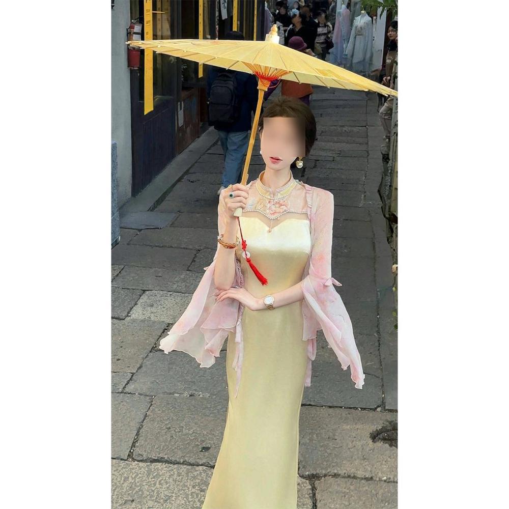 Summer Double Version Jumpsuit Cheongsam Long Skirt Jacquard Embroidery Suspender Casual Temperament