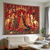 Arazzo Medievale Floreale Rosso 2D Scena di Corte con Unicorno Appeso a Parete