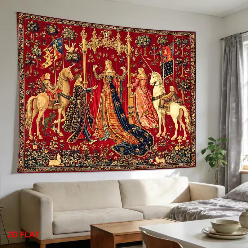 Arazzo Medievale Floreale Rosso 2D Scena di Corte con Unicorno Appeso a Parete