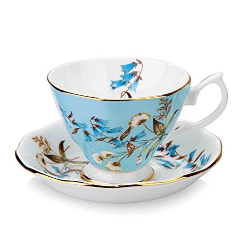 

Набори кавових чашок з квітковим візерунком 170 мл Вінтажні чашки для чаю з тонкої кістяної порцеляни, набір з ложкою та блюдцем, золота облямівка, для вишуканої трапези та декору столу синій