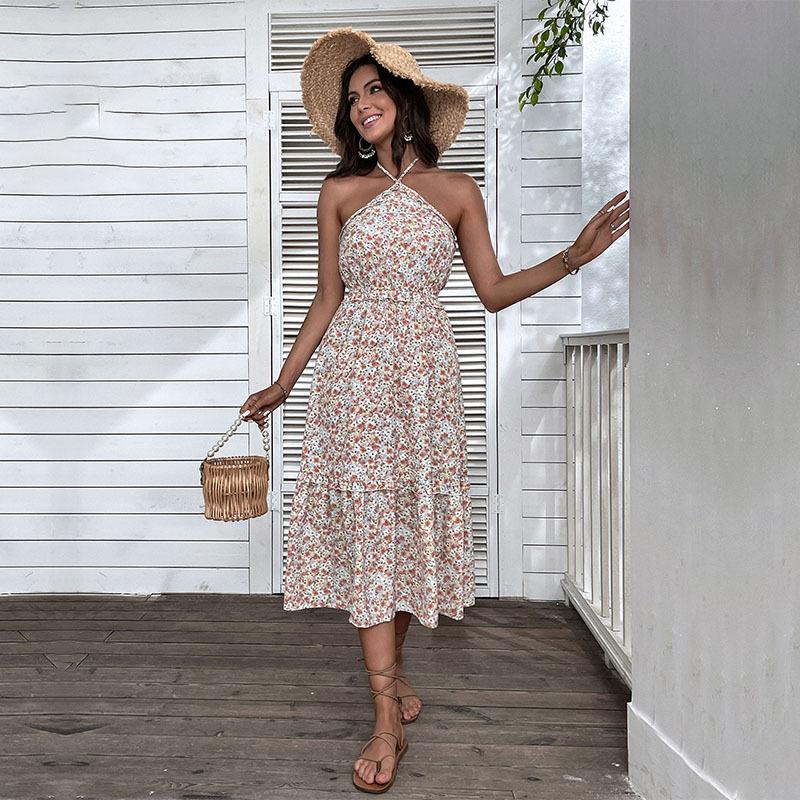 Floral White Sling A Line Small Floral Waist Beach Halter Dress S-XXL