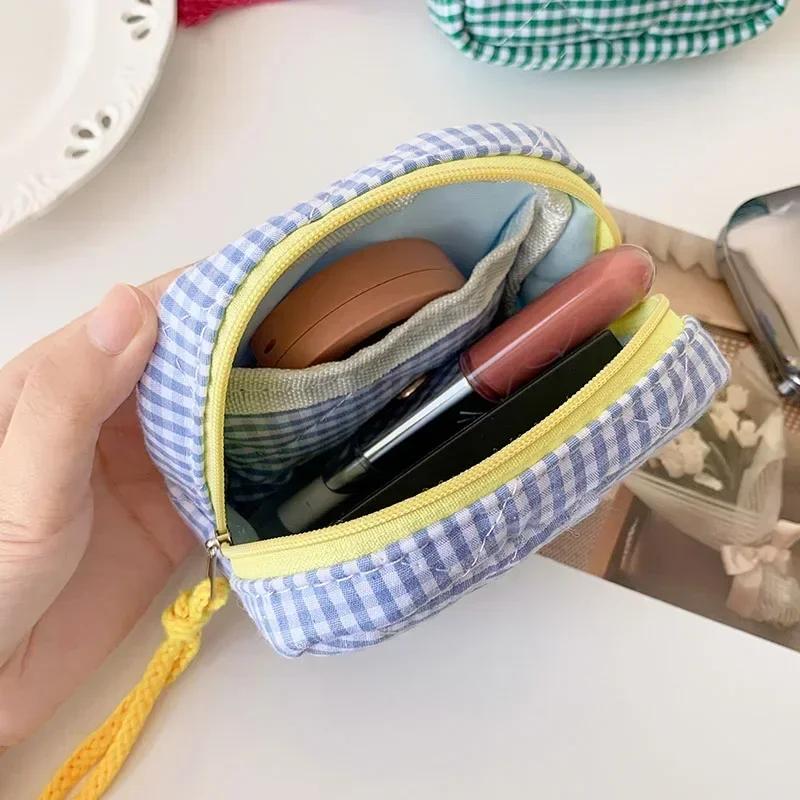 Mini Plaid Makeup Bags Headphone Key Lipstick Storage Bag Minimalist Checkered Cosmetic Bag Makeup Pouch Small Zipper Coin Purse