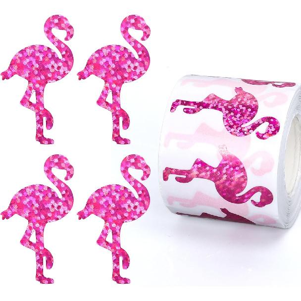 500Pcs Summer Flamingo Stickers Pink Flamingo Holographic Stickers Roll Adhesive Paper Decals for Water Bottles Scrapbook Summer Party Decor