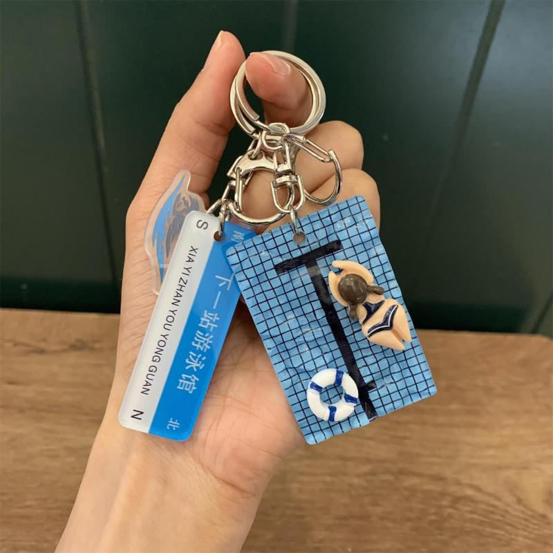 Swimming Girl Cute Handmade Keychain Blue Pool Board Pendant Lovely Summer Decor for Backpack Luggage Accessory