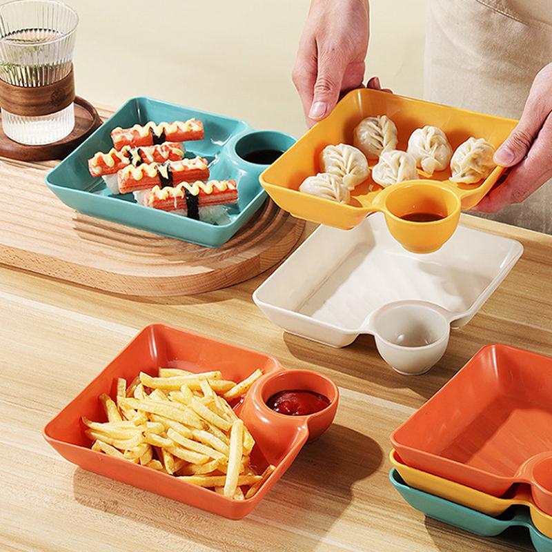 Plastic Dumpling Plate With Sauce Compartment Square Snack Cookie Platter Food Tray Dish Tableware Kitchen Plates