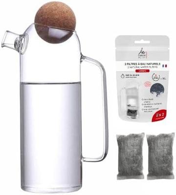 1L Glass Filtering Carafe - + 2 BPA-free Activated Vegetable Carbon Filters - Natural Tap Water Filter